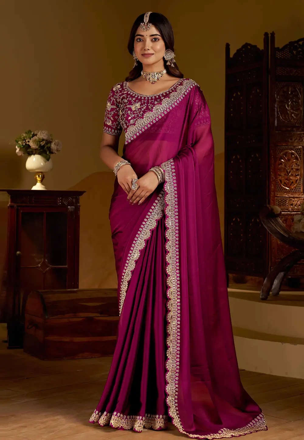 Magenta Silk Saree With Blouse 332597