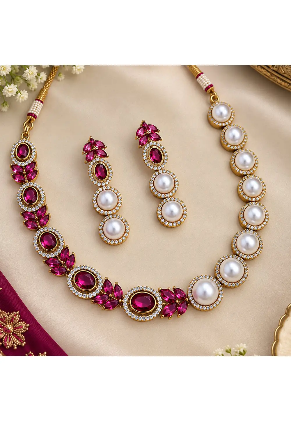 Magenta Stone Necklace With Earrings 335564