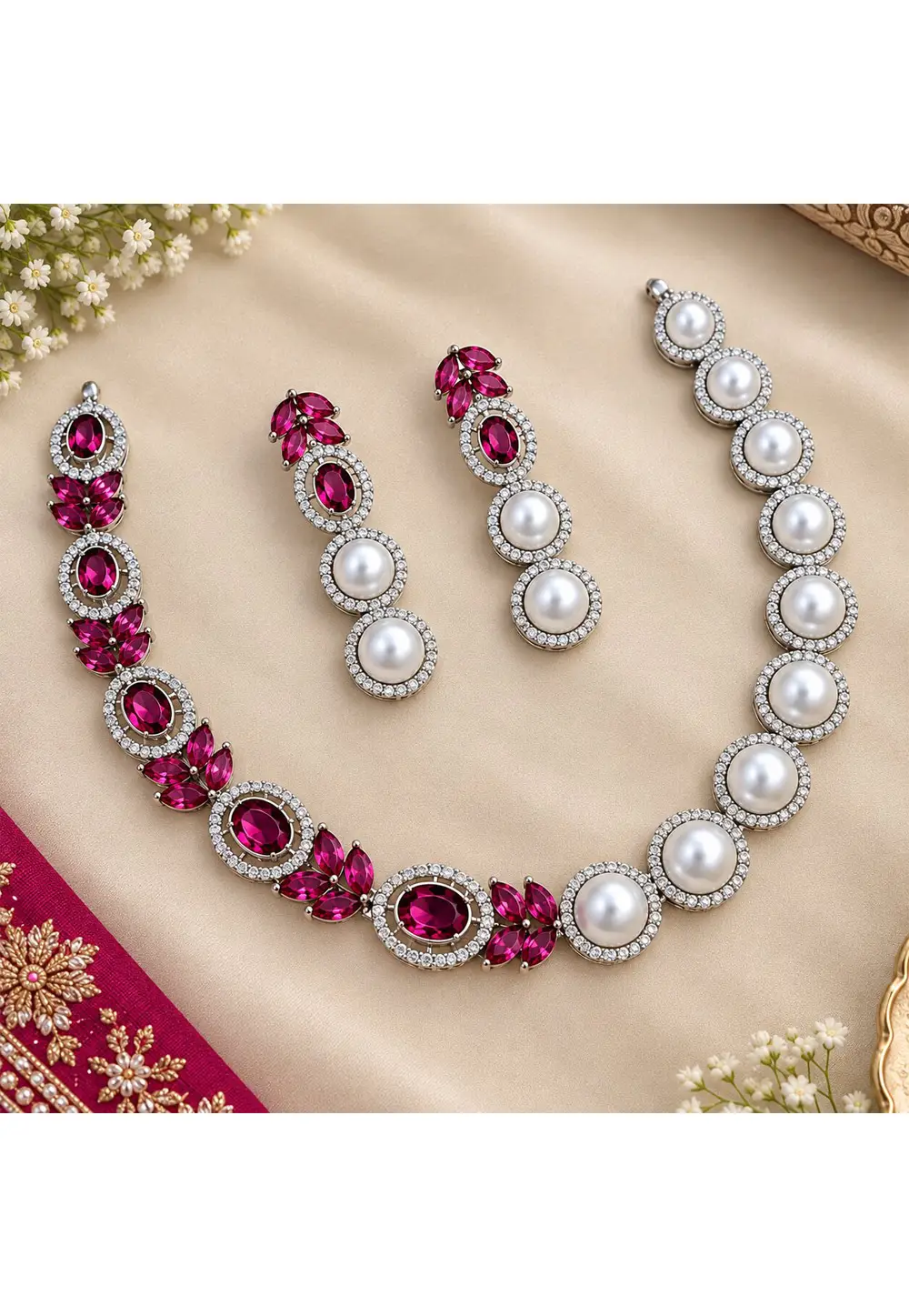 Magenta Stone Necklace With Earrings 335566