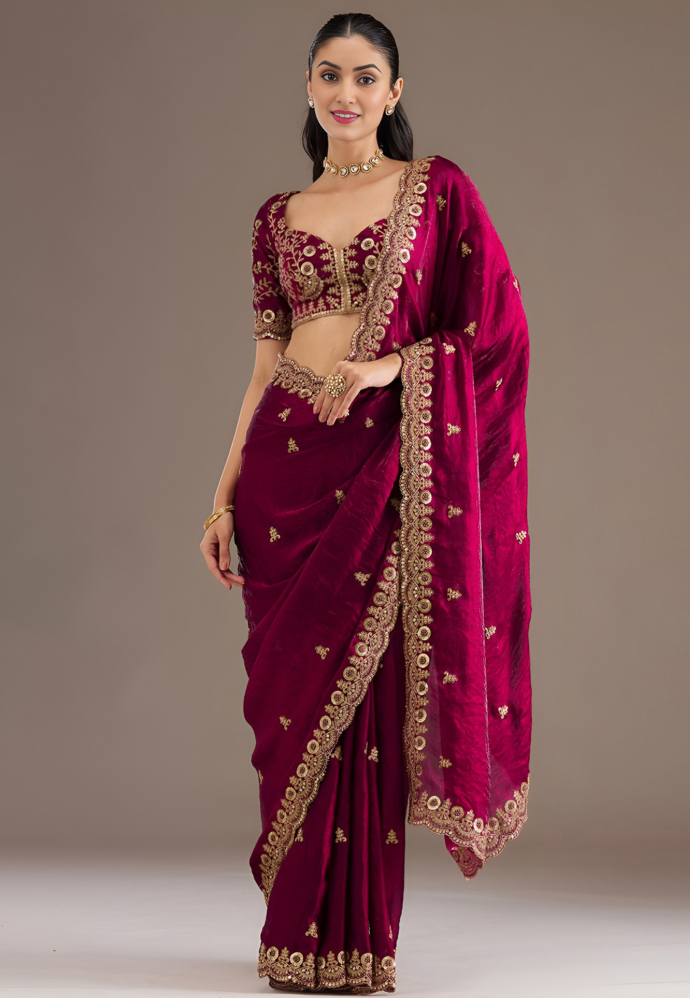 Magenta Tissue Saree With Blouse 326755