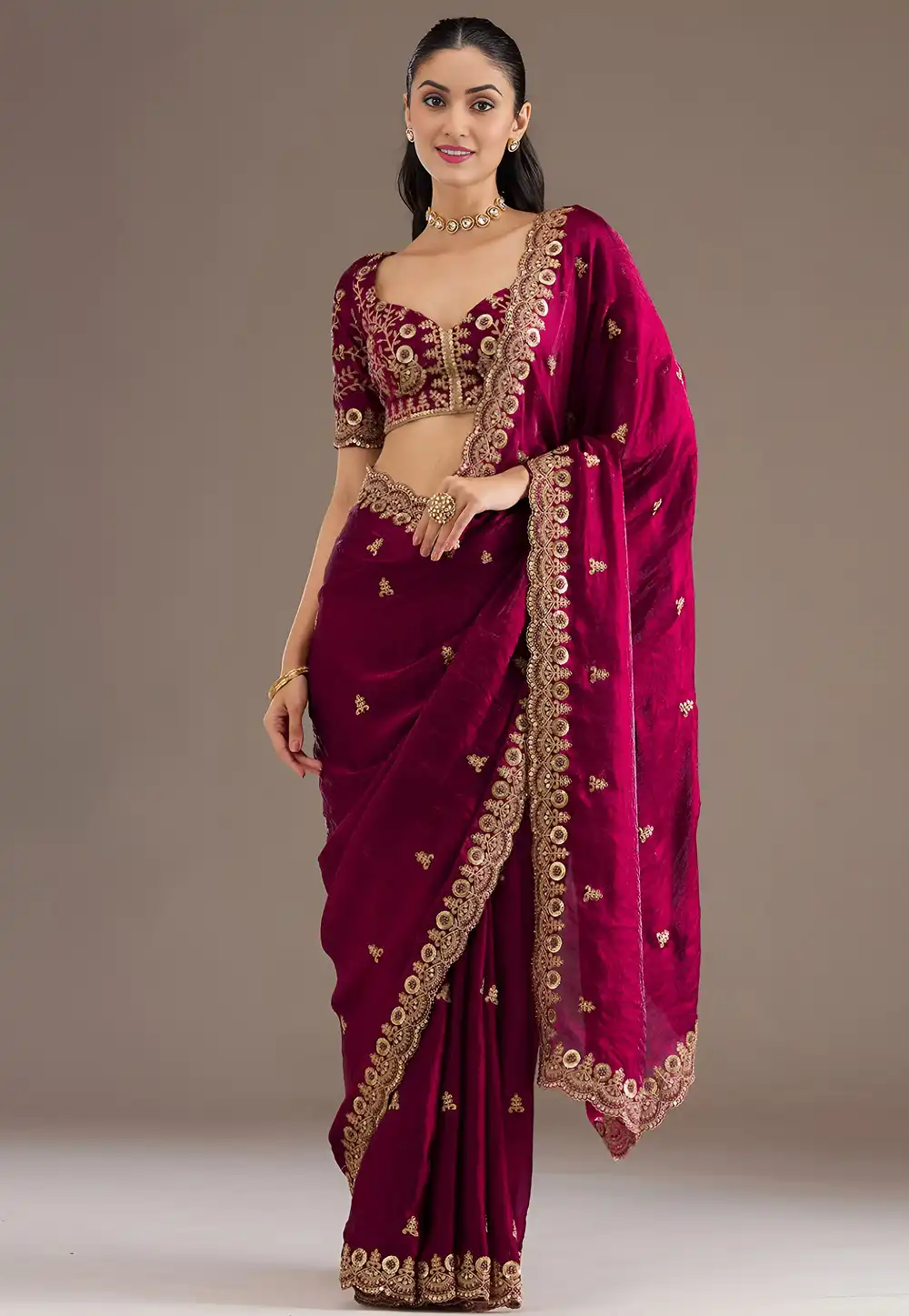 Magenta Tissue Saree With Blouse 326755