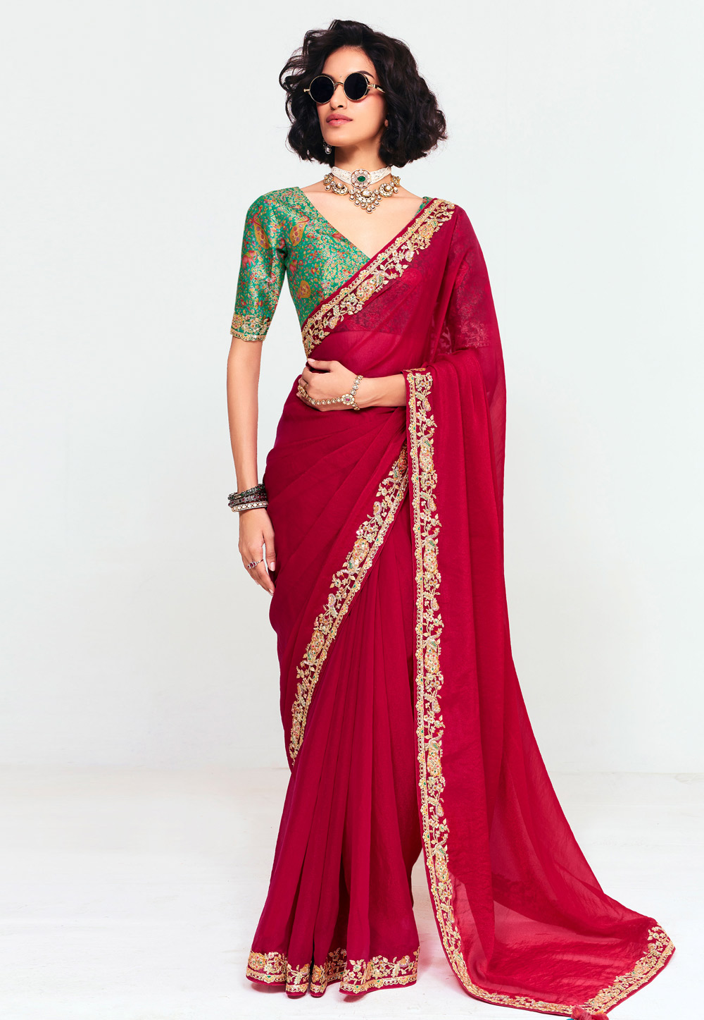 Magenta Tissue Saree With Blouse 328277