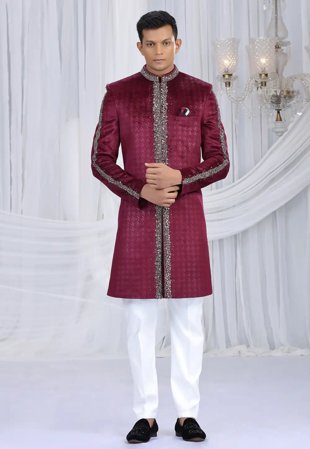 Magenta Velvet Achkan Style Sherwani 319061
