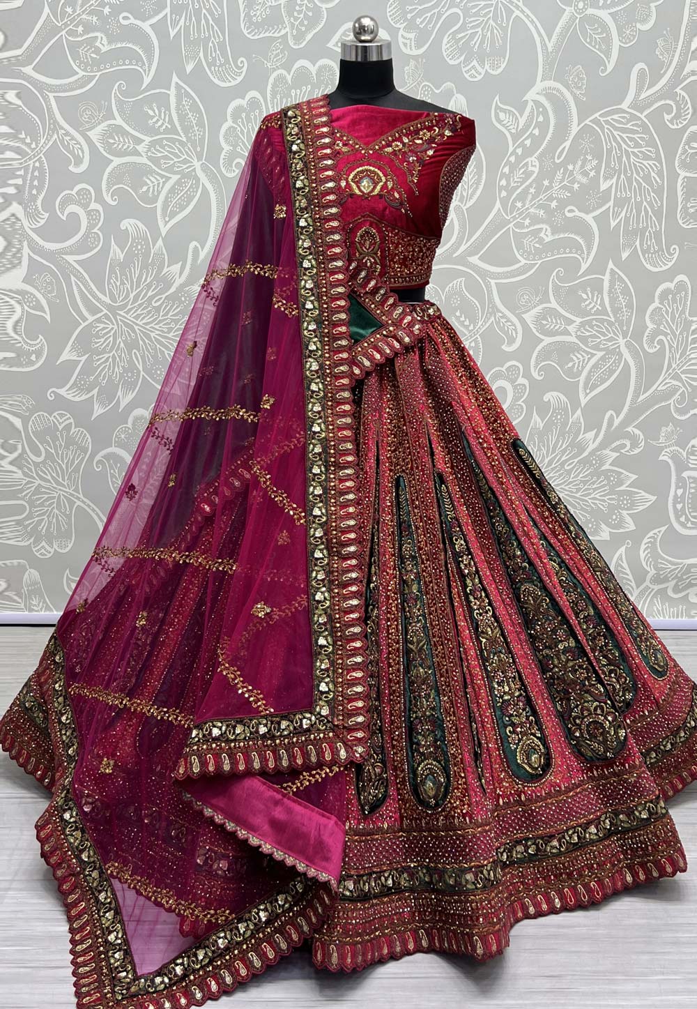 Magenta Velvet Bridal Lehenga Choli 279043