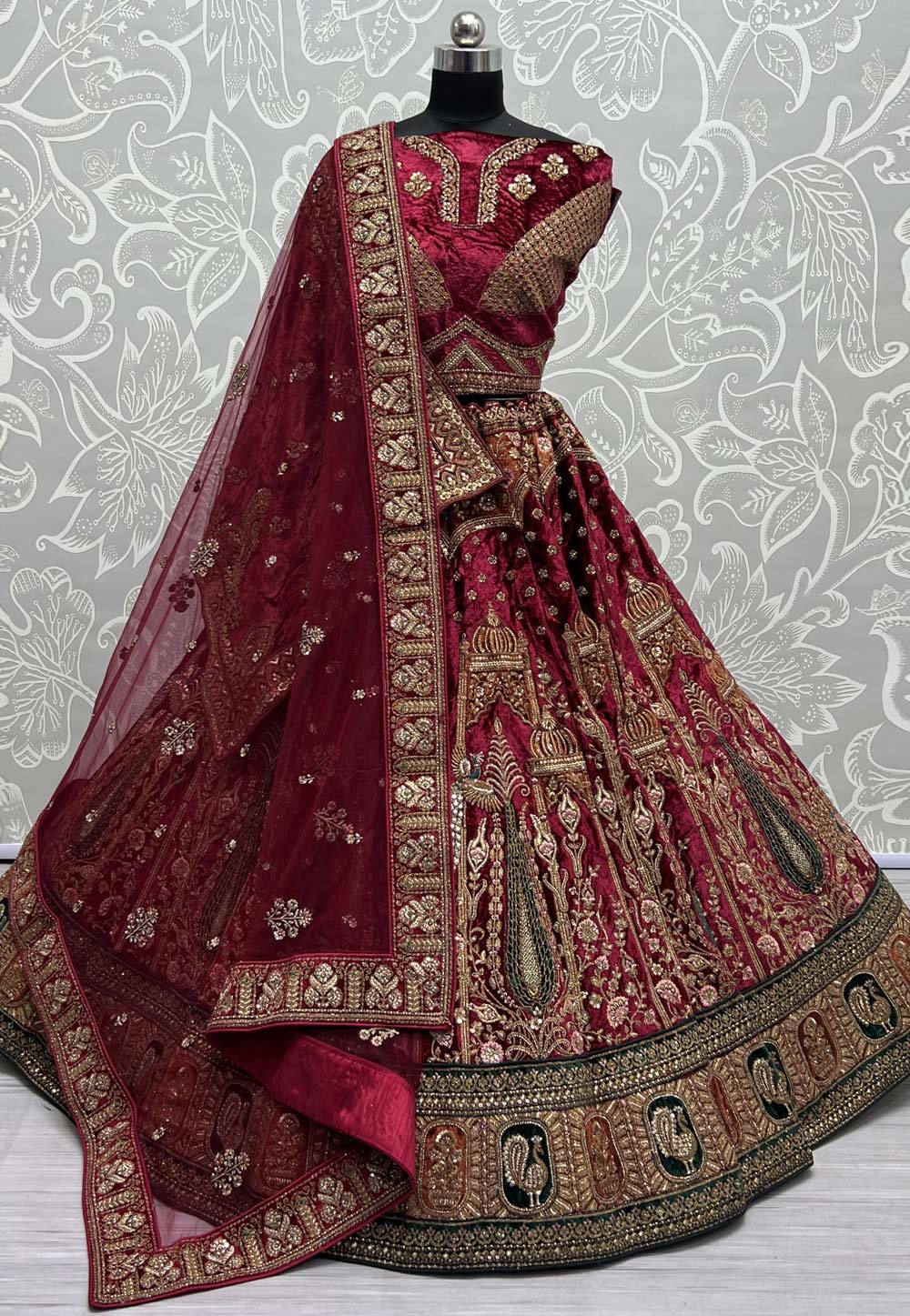 Magenta Velvet Bridal Lehenga Choli 280006