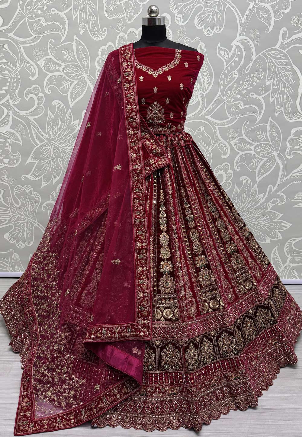 Magenta Velvet Bridal Lehenga Choli 307454