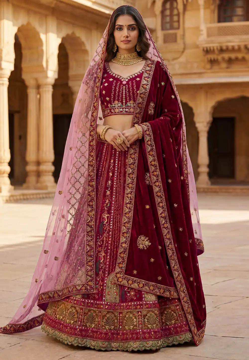 Magenta Velvet Bridal Lehenga Choli 323075