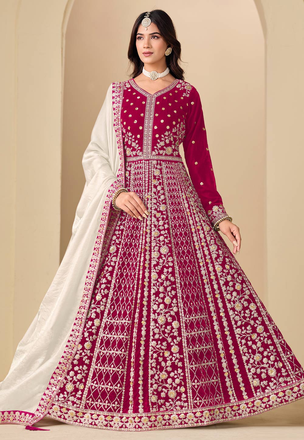 Magenta Velvet Embroidered Anarkali Suit 323094