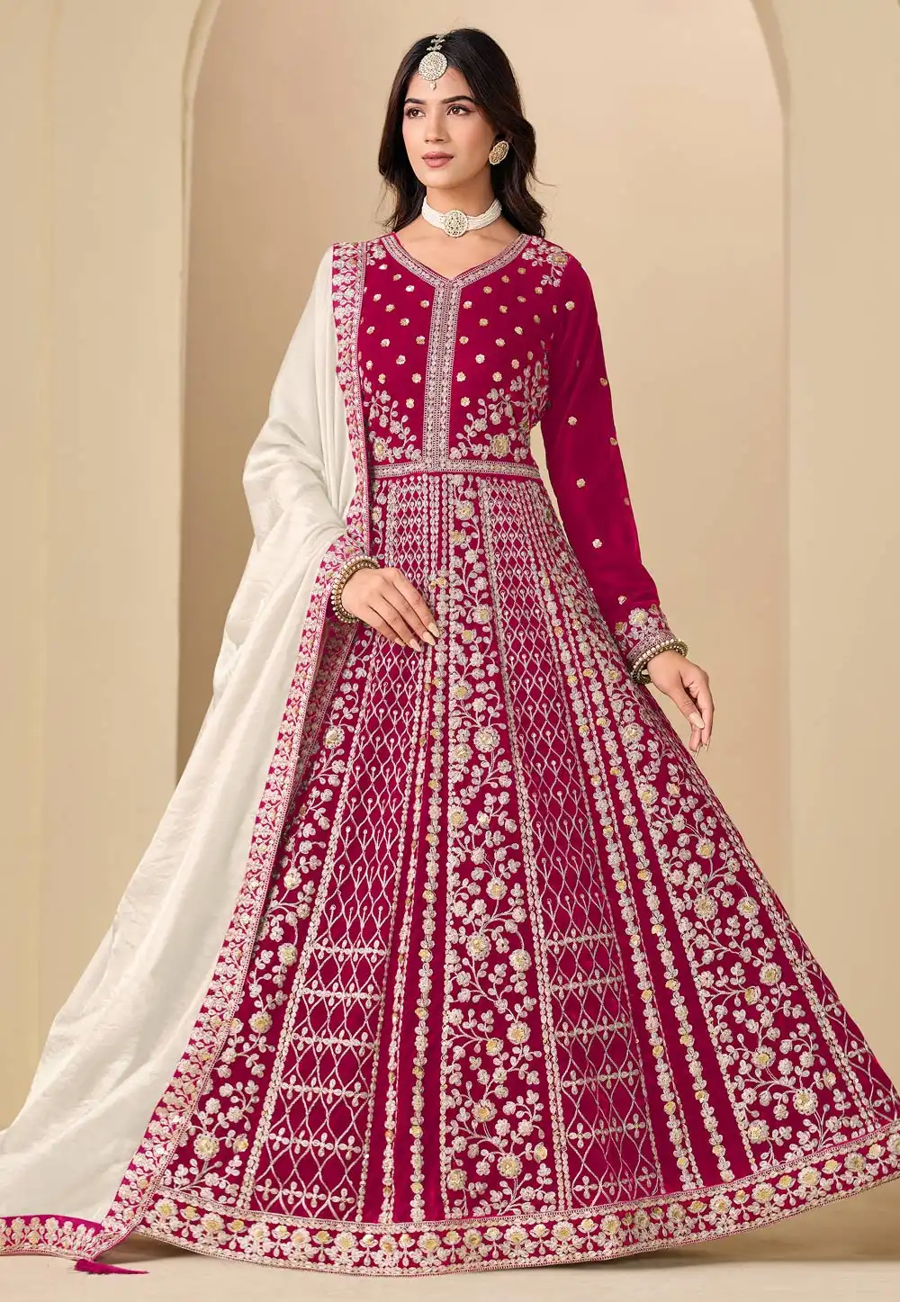 Magenta Velvet Embroidered Anarkali Suit 323094