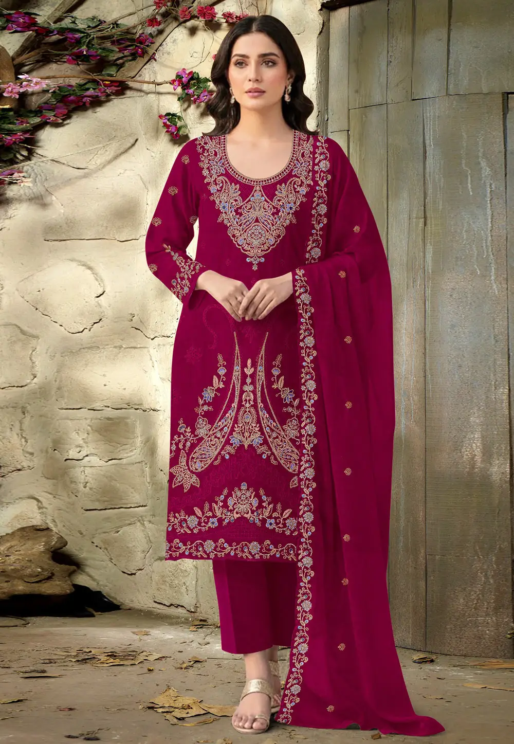 Magenta Velvet Straight Suit 335071