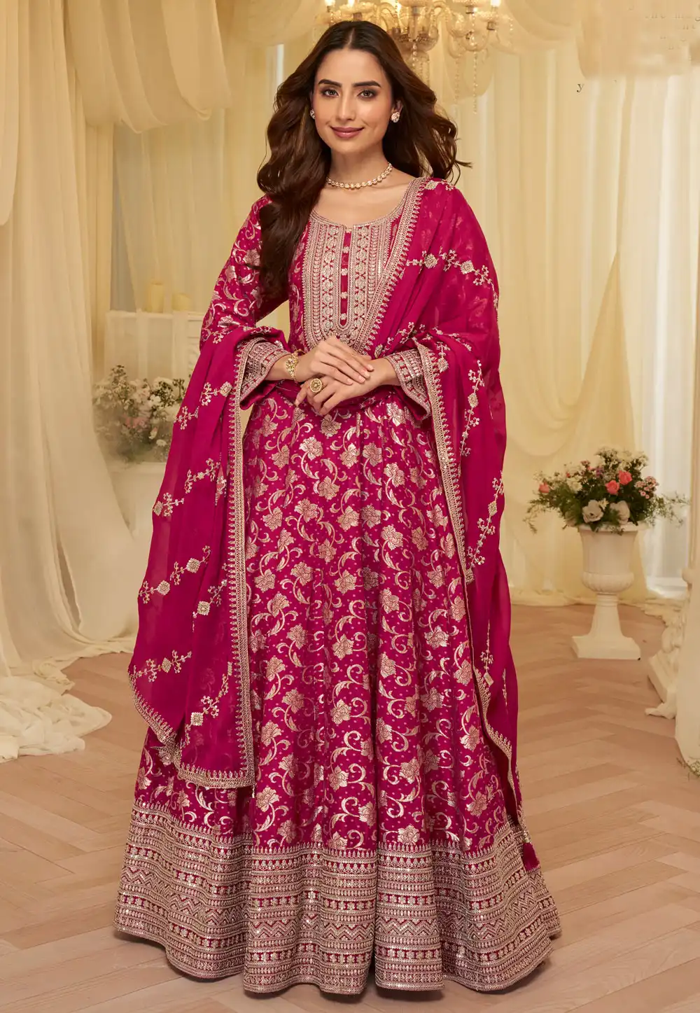 Magenta Viscose Jacquard Anarkali Suit 327983