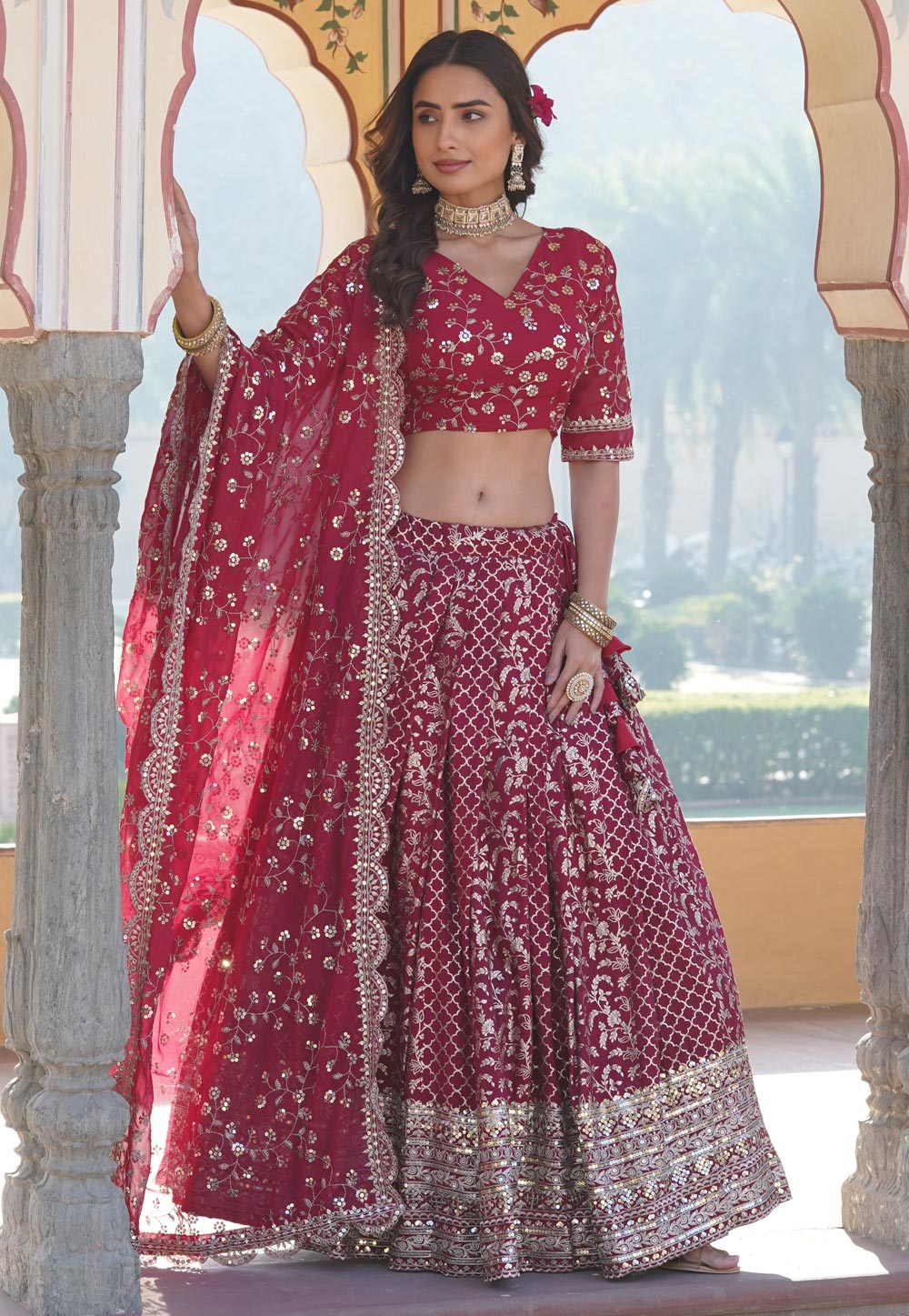Magenta Viscose Jacquard Circular Lehenga Choli 285331