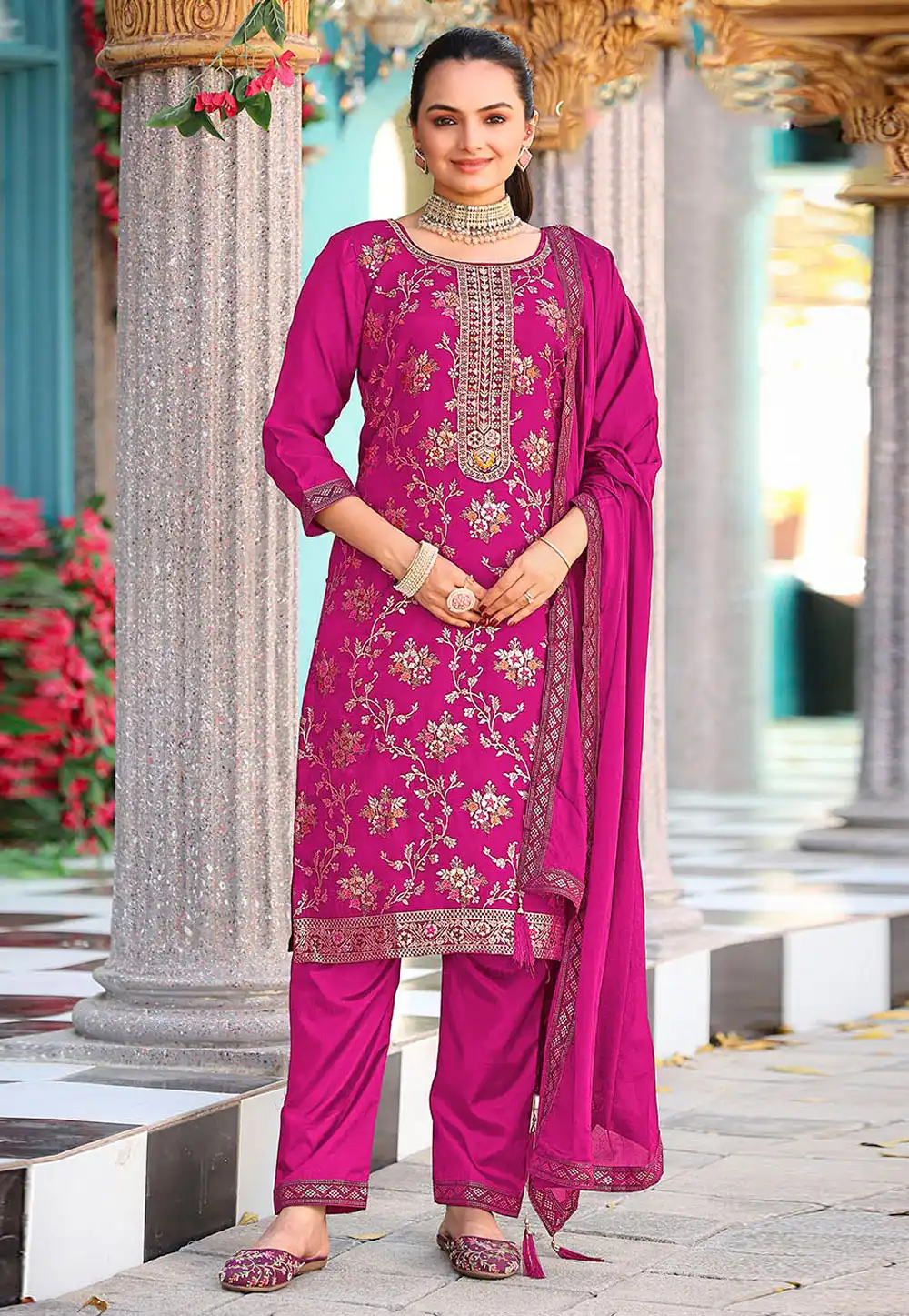 Magenta Viscose Jacquard Pakistani Suit 318814