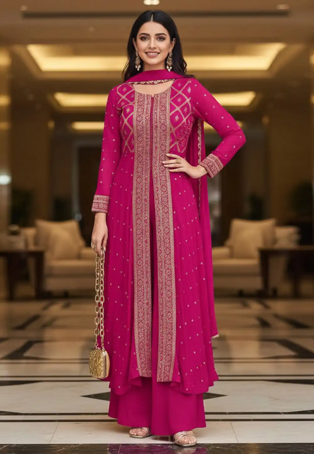 Magenta Viscose Jacquard Palazzo Suit 330388