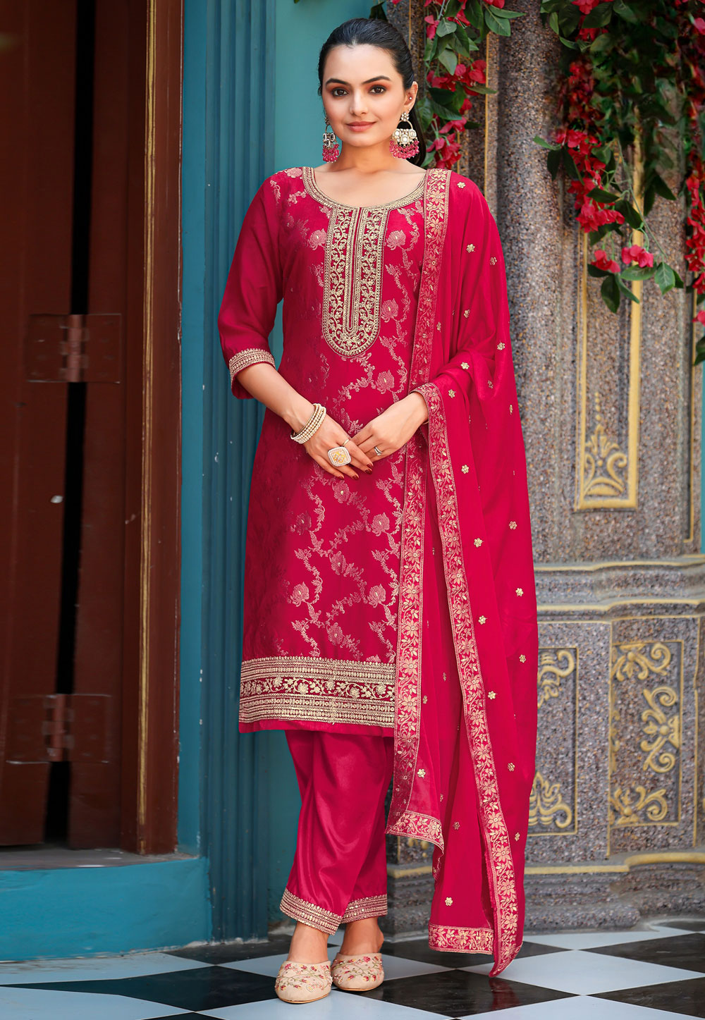 Magenta Viscose Jacquard Pant Style Suit 317993