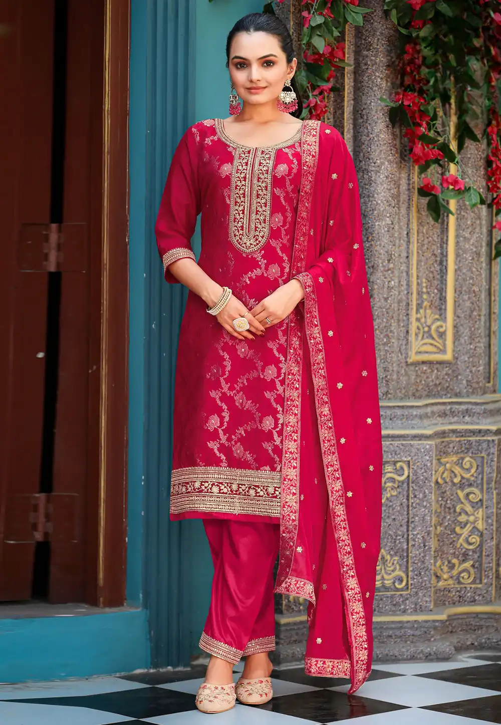 Magenta Viscose Jacquard Pant Style Suit 317993