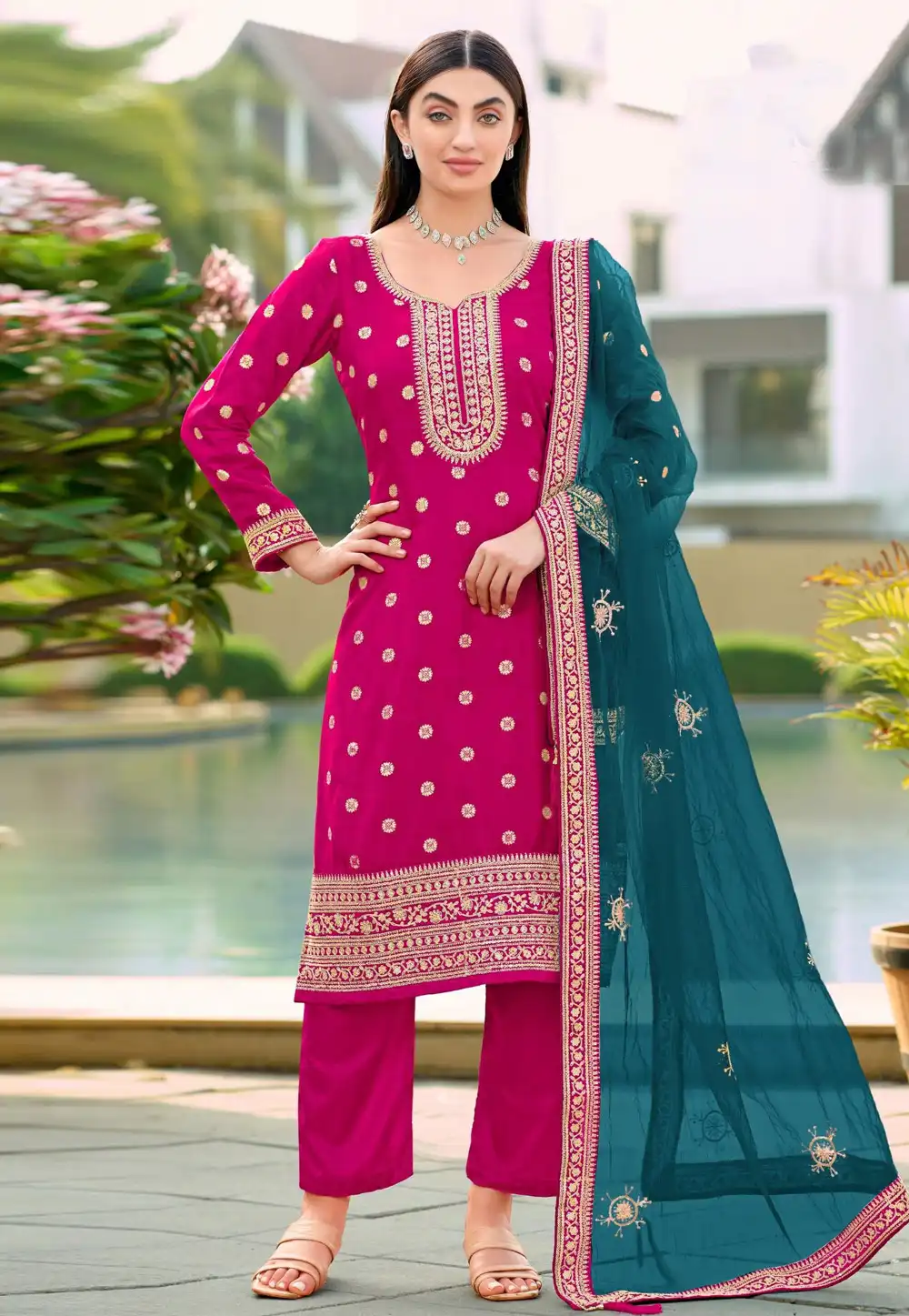 Magenta Viscose Jacquard Readymade Pant Style Suit 322207