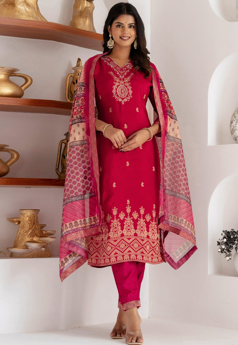 Magenta Viscose Jacquard Readymade Pant Style Suit 308395