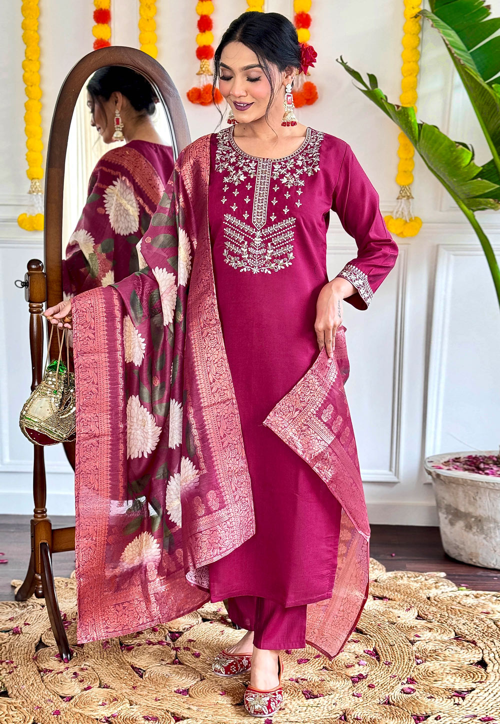 Magenta Viscose Readymade Pant Style Suit 306159