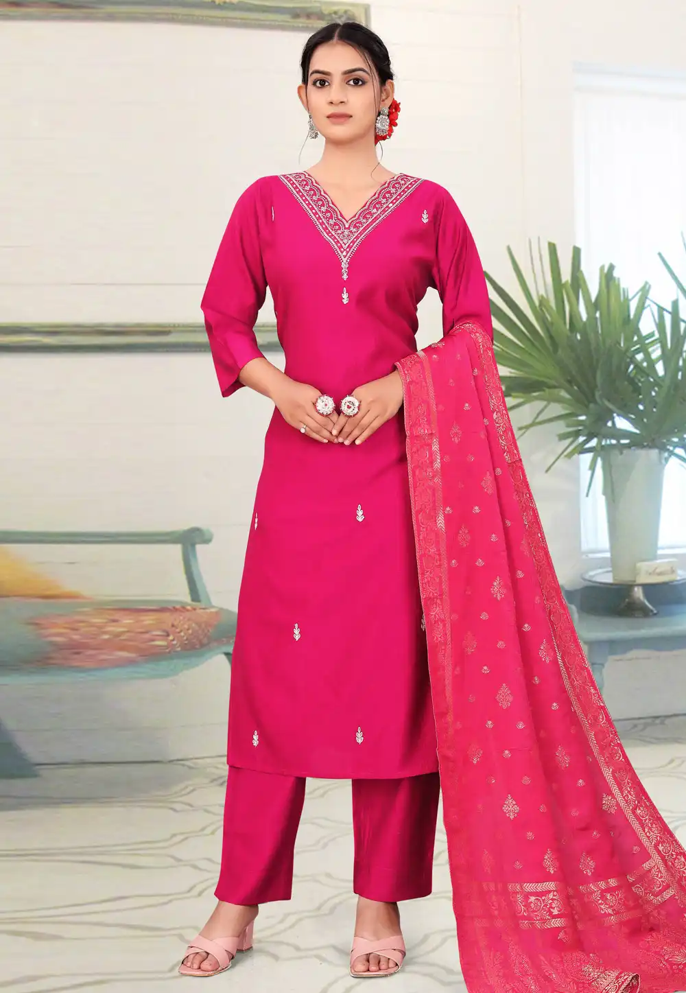 Magenta Viscose Readymade Pant Style Suit 321426