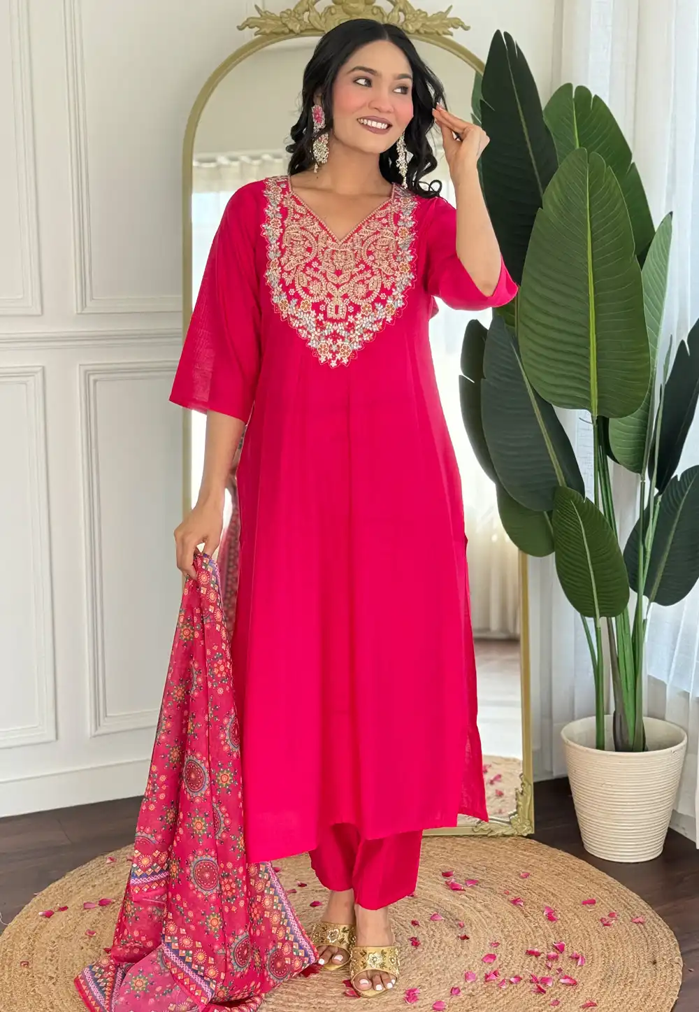 Magenta Viscose Readymade Pant Style Suit 317174