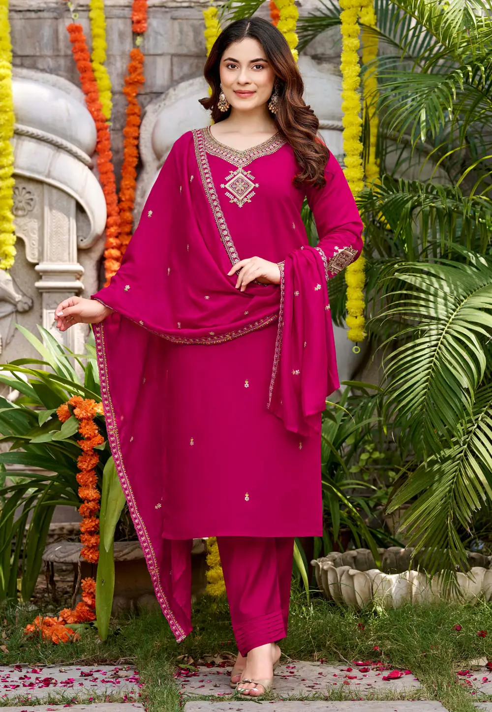 Magenta Viscose Readymade Pant Style Suit 332082