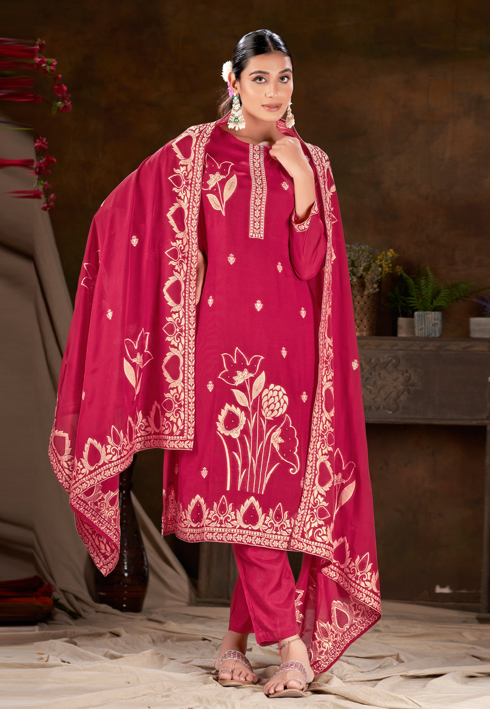 Magenta Viscose Readymade Pant Style Suit 281886