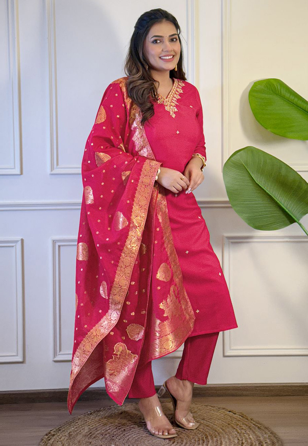 Magenta Viscose Readymade Pant Style Suit 312332