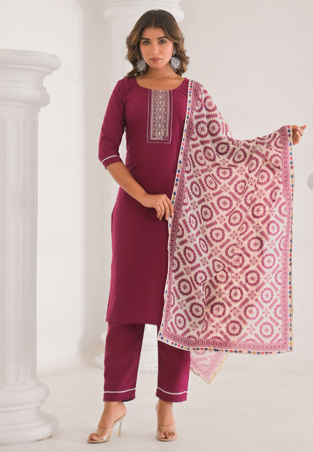 Magenta Viscose Readymade Pant Style Suit 308036