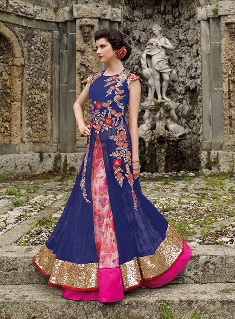 Blue Net Indo Western Lehenga Choli 77748