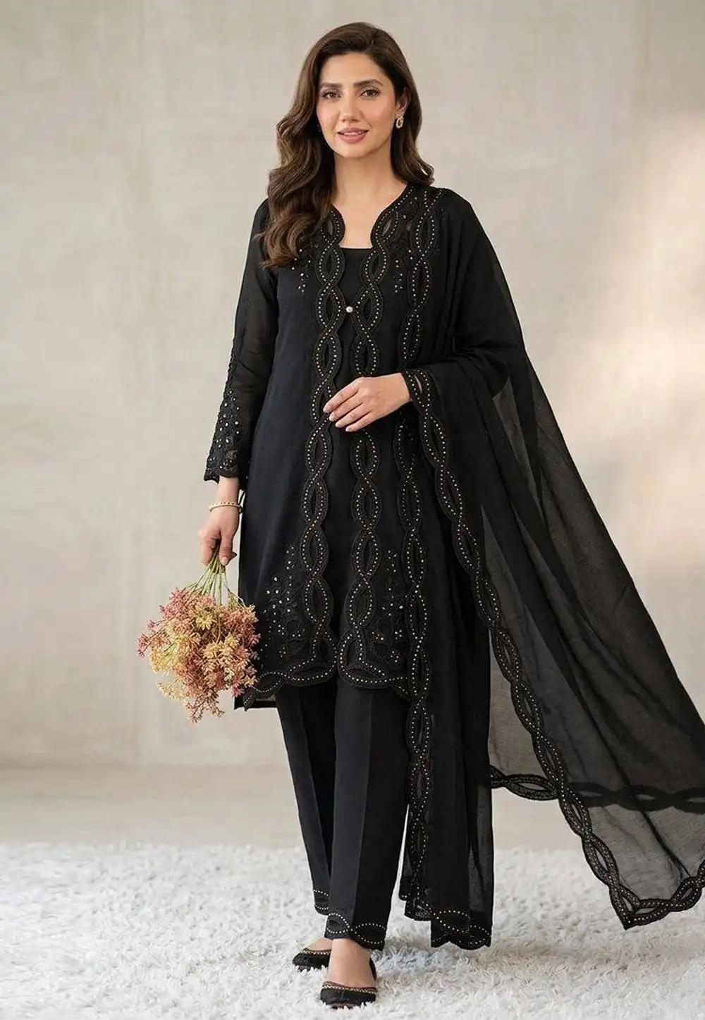 Mahira Khan Black Chanderi Readymade Pant Style Suit 329434