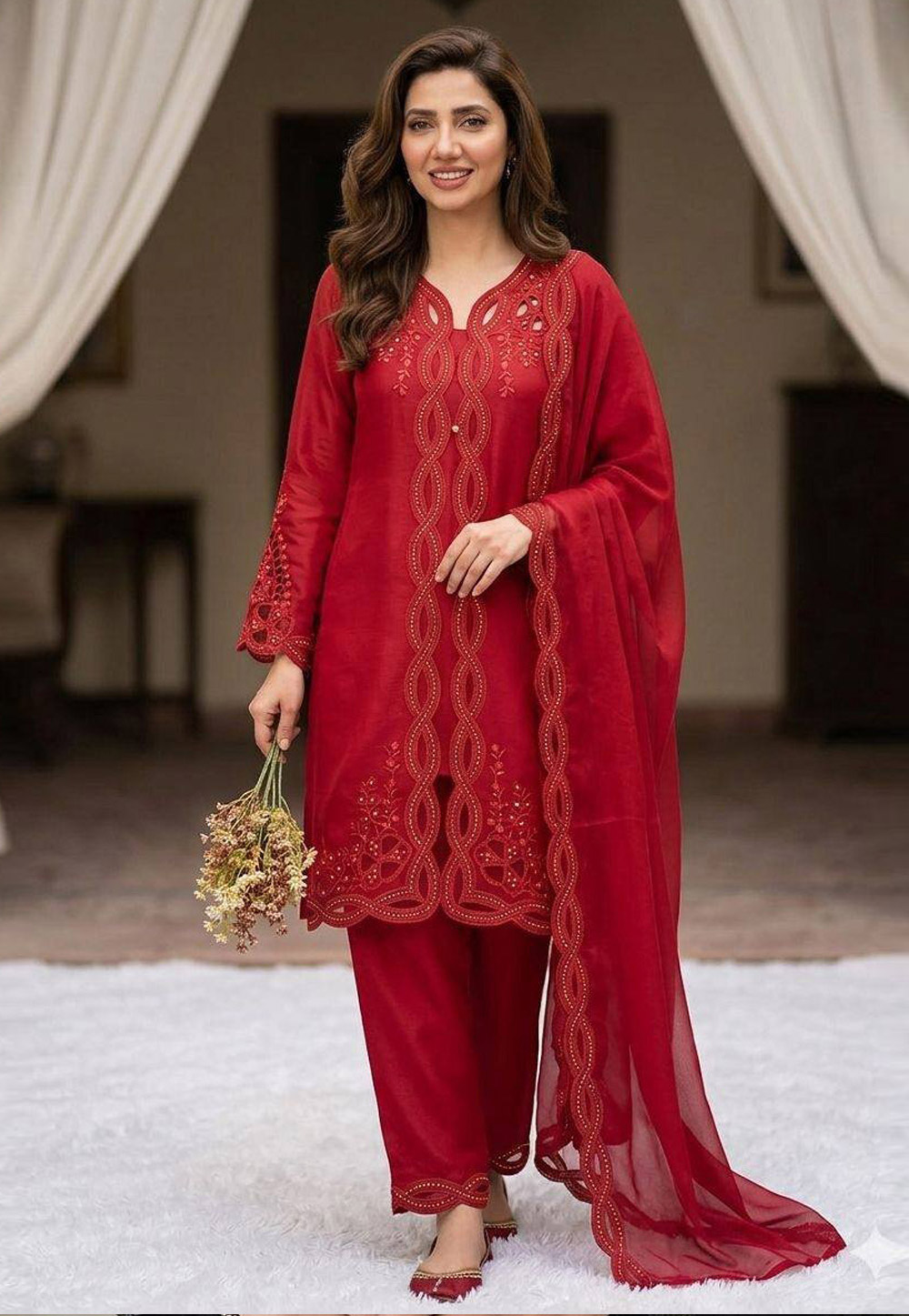 Mahira Khan Maroon Chanderi Readymade Pakistani Suit 329435