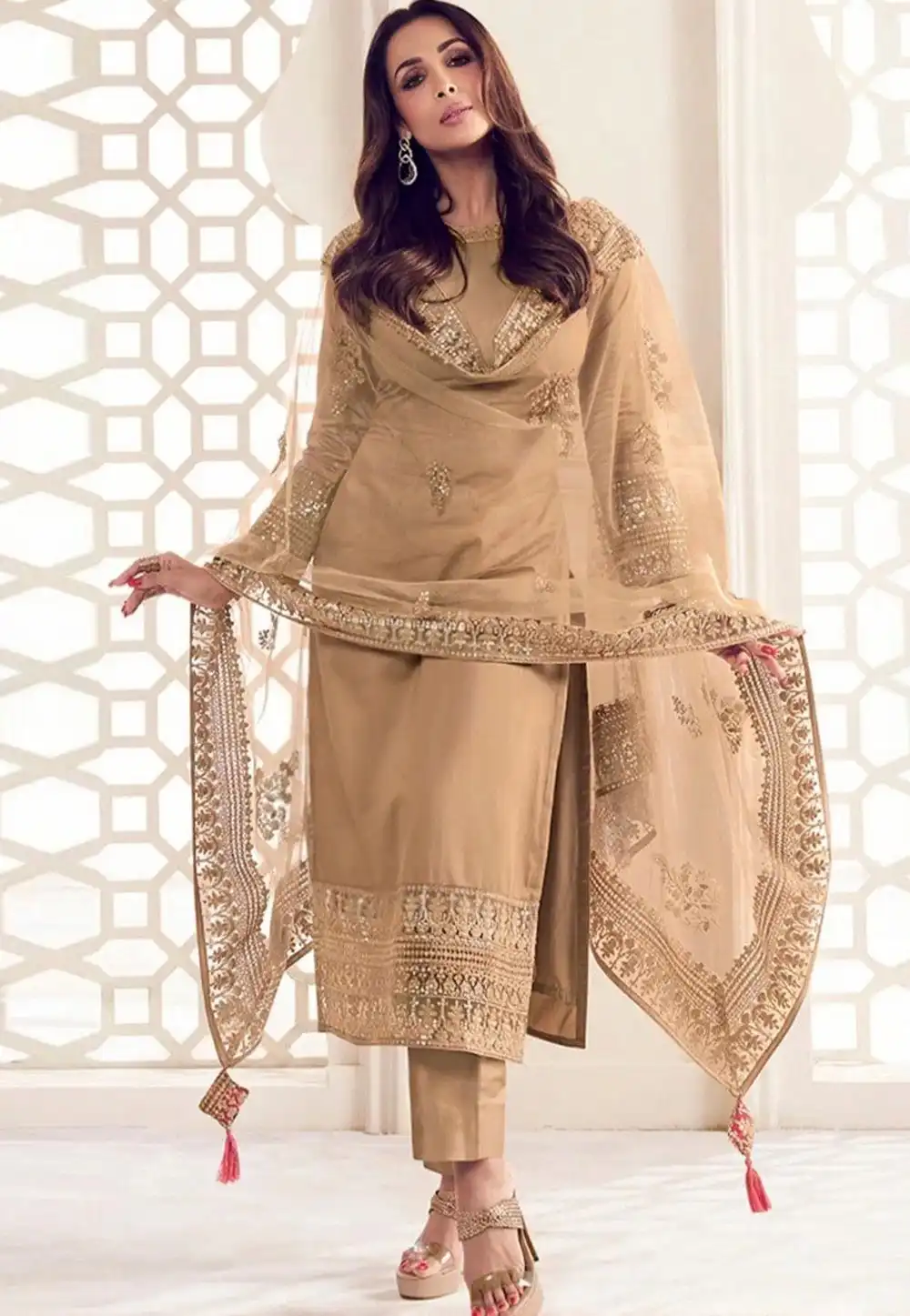 Malaika Arora Khan Beige Chanderi Readymade Pakistani Suit 329605