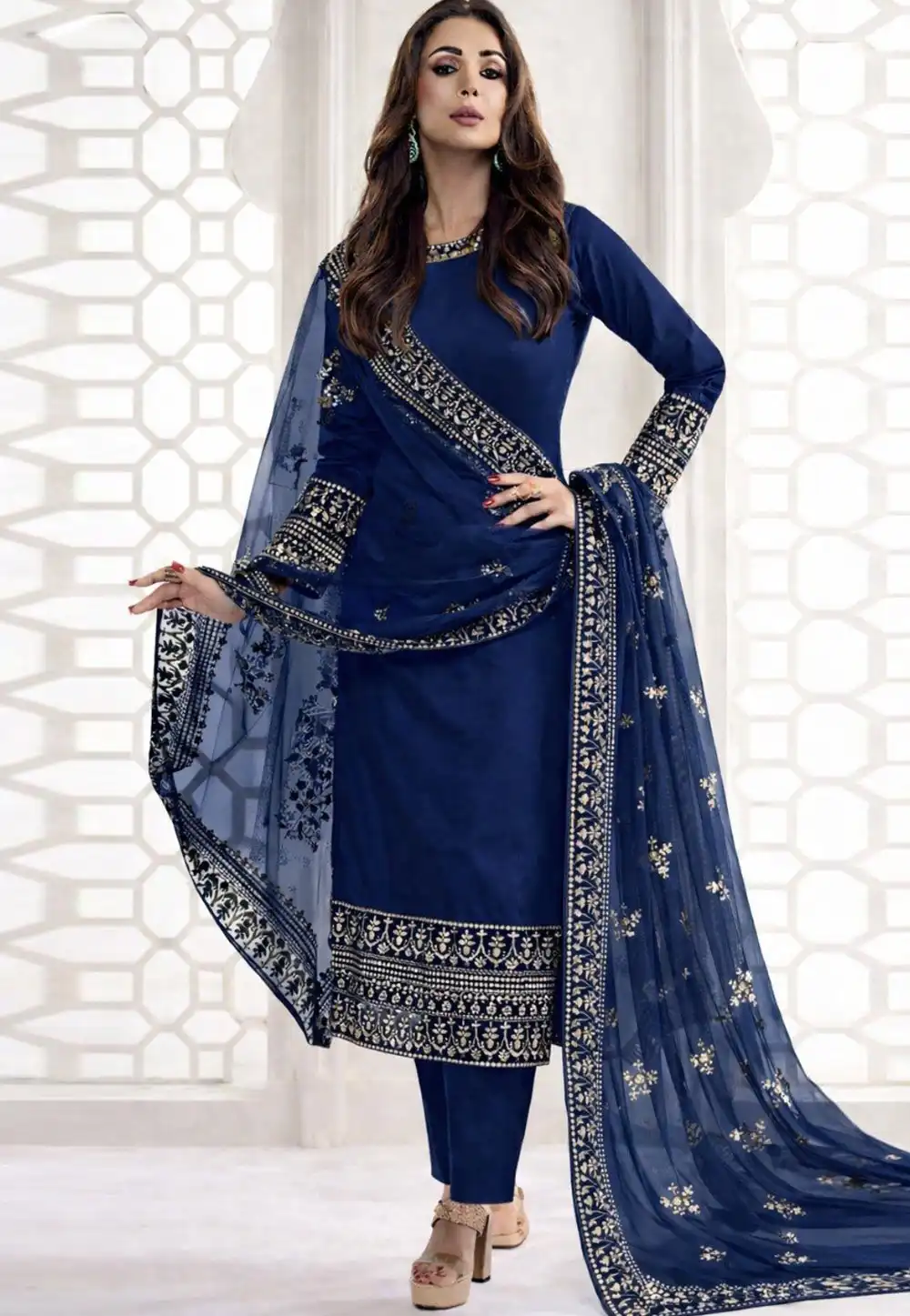 Malaika Arora Khan Blue Chanderi Readymade Pant Style Suit 329604