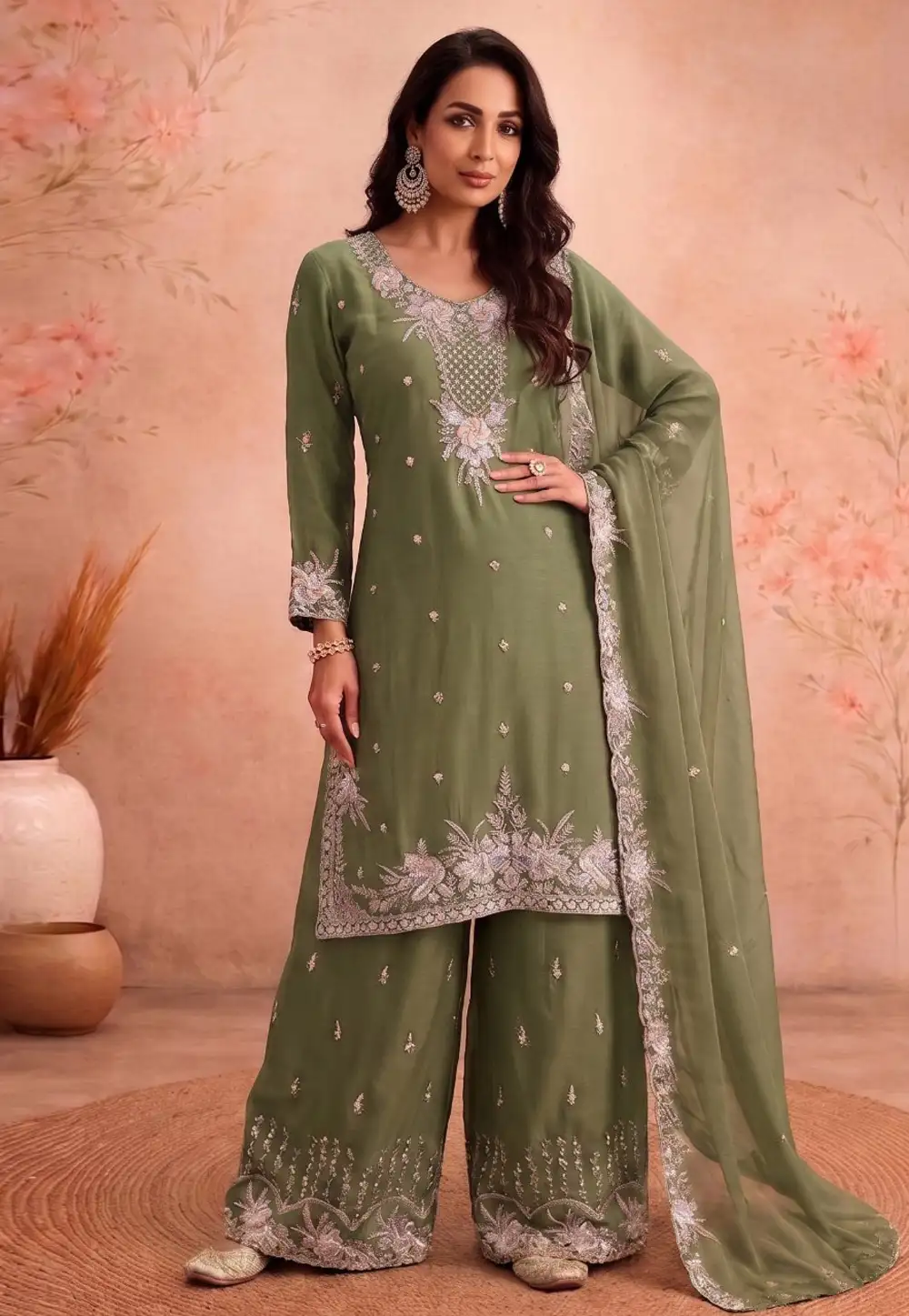 Malaika Arora Khan Green Chiffon Readymade Palazzo Suit 330909