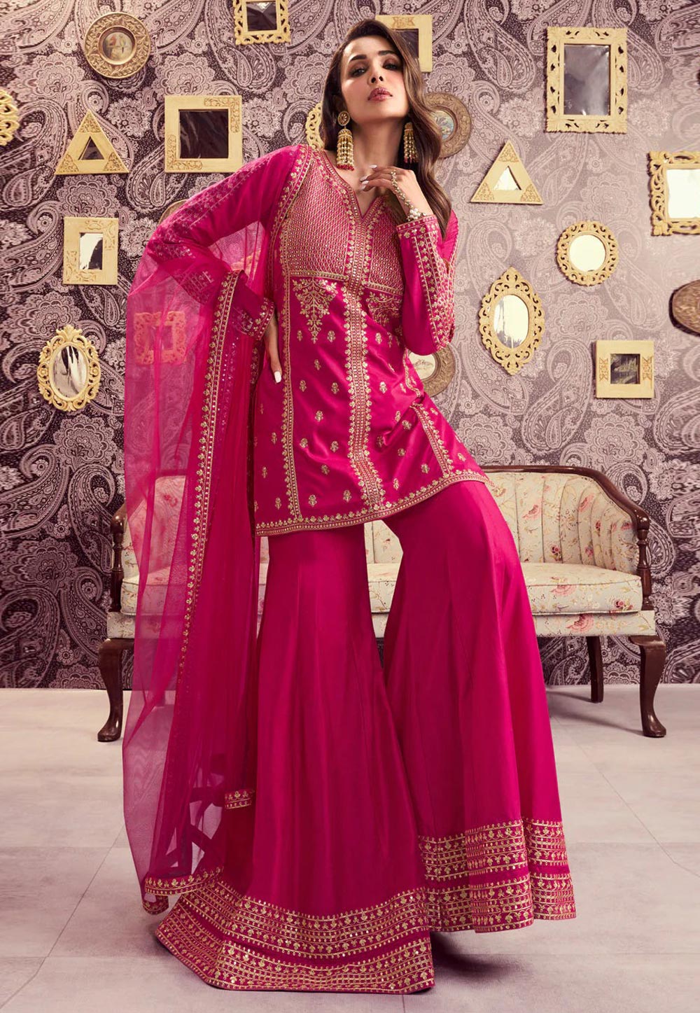 Malaika Arora Khan Magenta Chanderi Readymade Sharara Suit 324049
