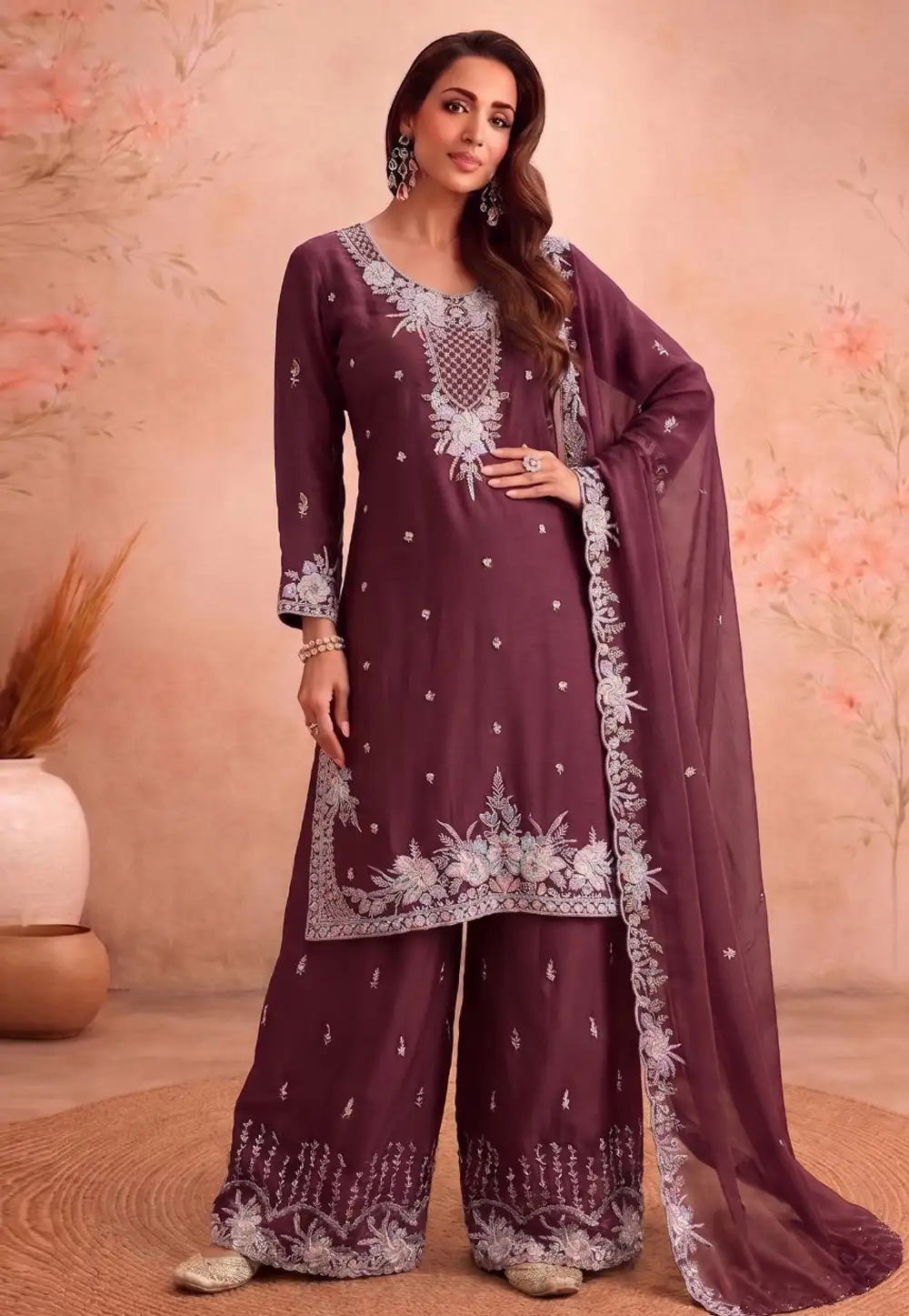 Malaika Arora Khan Wine Chiffon Readymade Palazzo Suit 330907