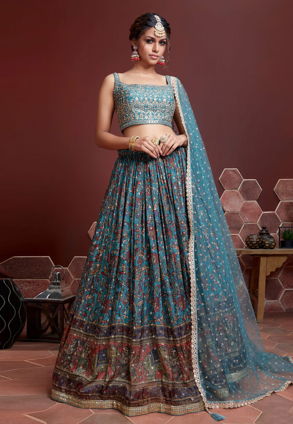 Sky Blue Chinon Silk Circular Lehenga Choli 242179