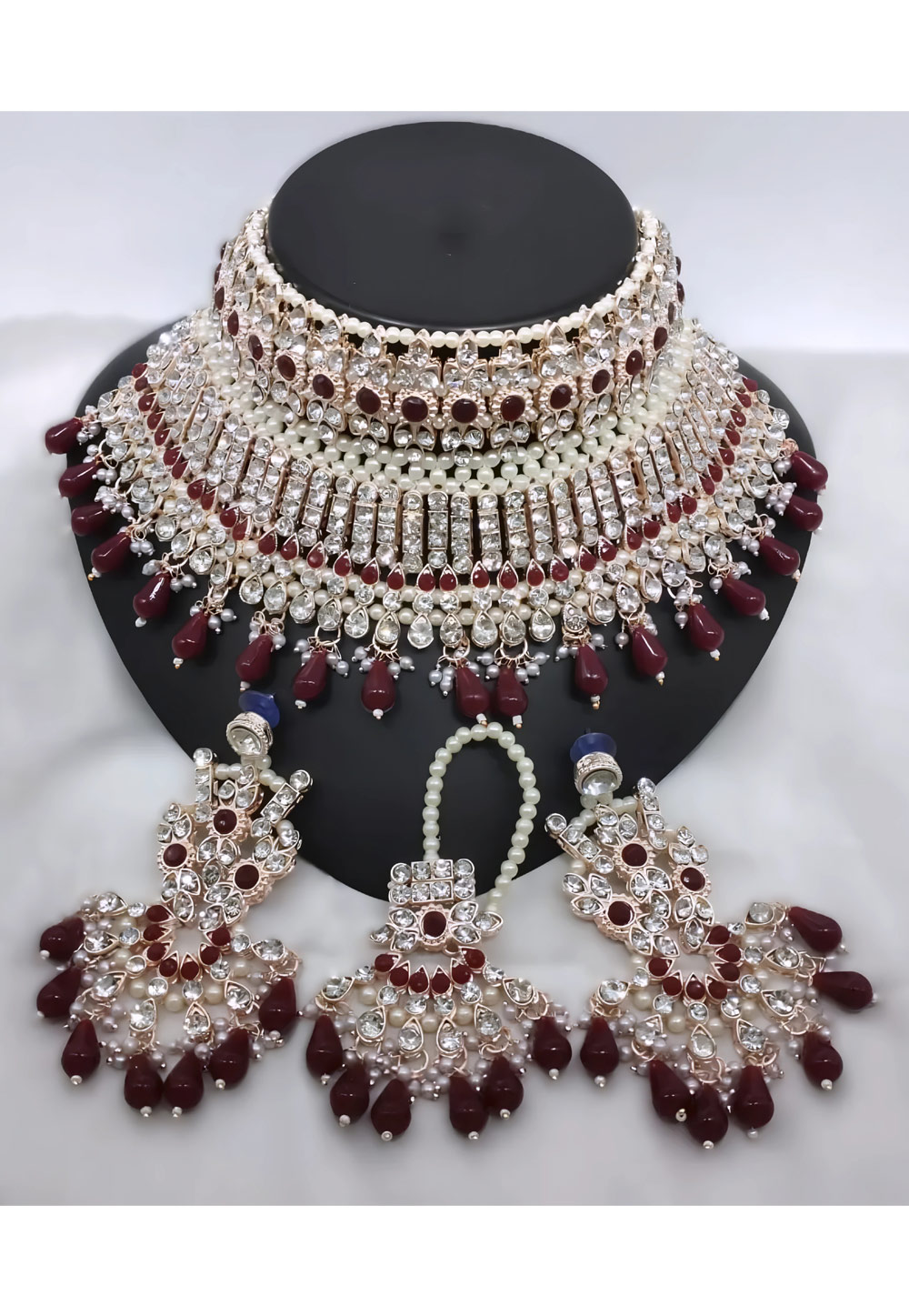 Maroon Alloy Necklace Set With Earrings and Maang Tikka 328429
