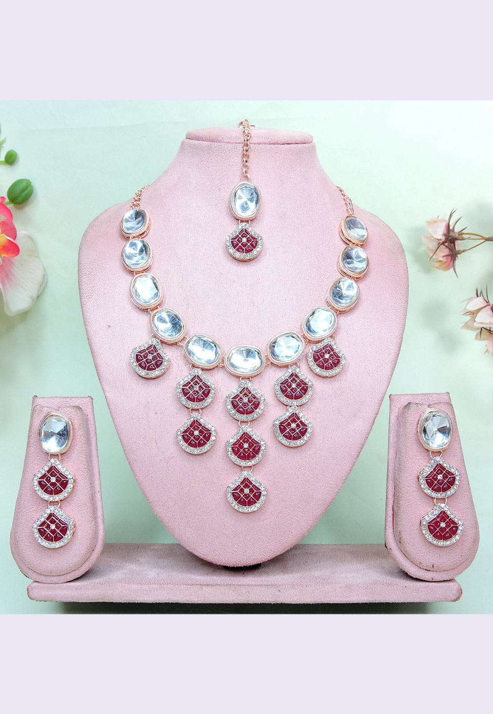 Maroon Alloy Necklace Set With Earrings and Maang Tikka 312441