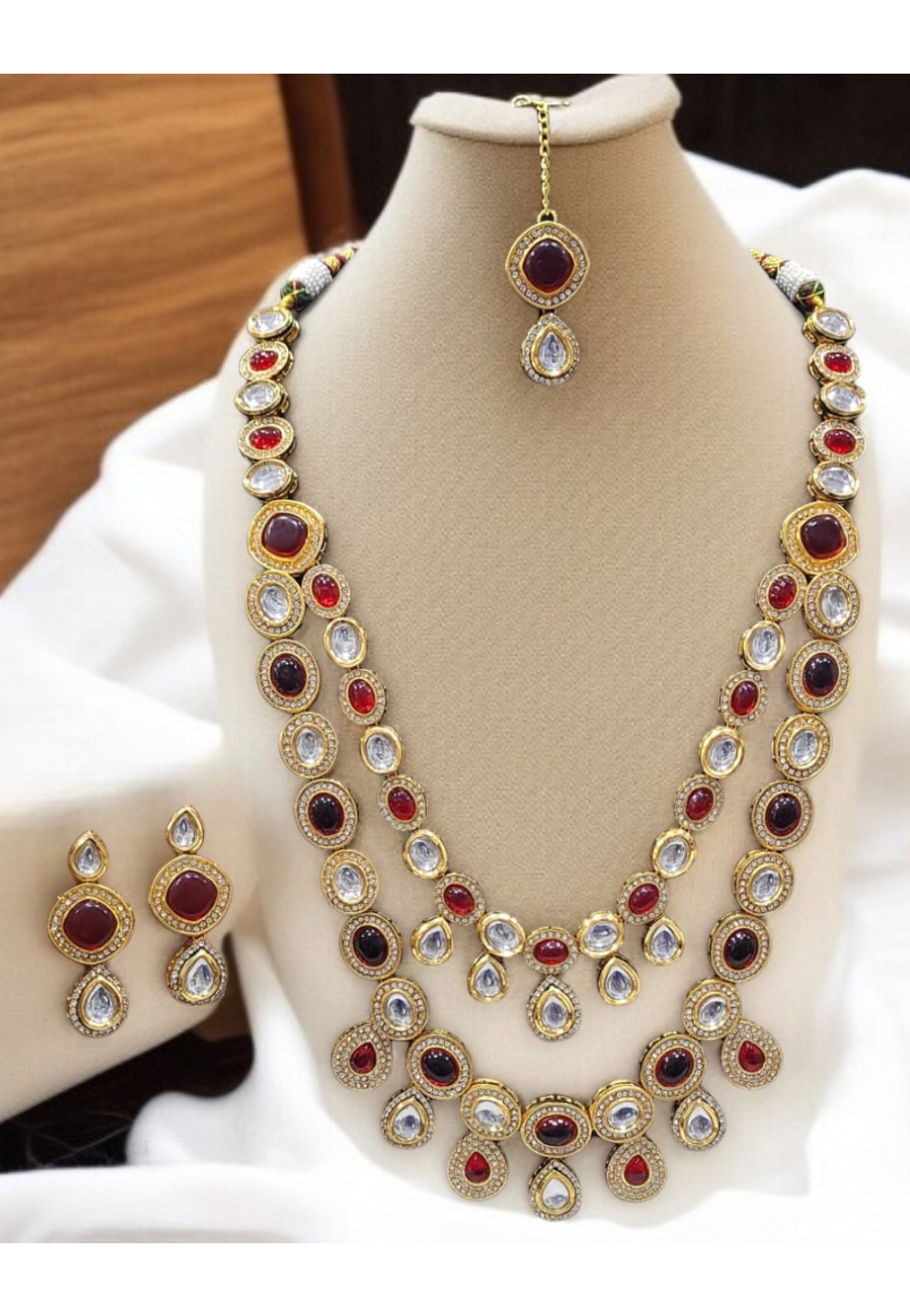 Maroon Alloy Necklace Set With Earrings and Maang Tikka 313768