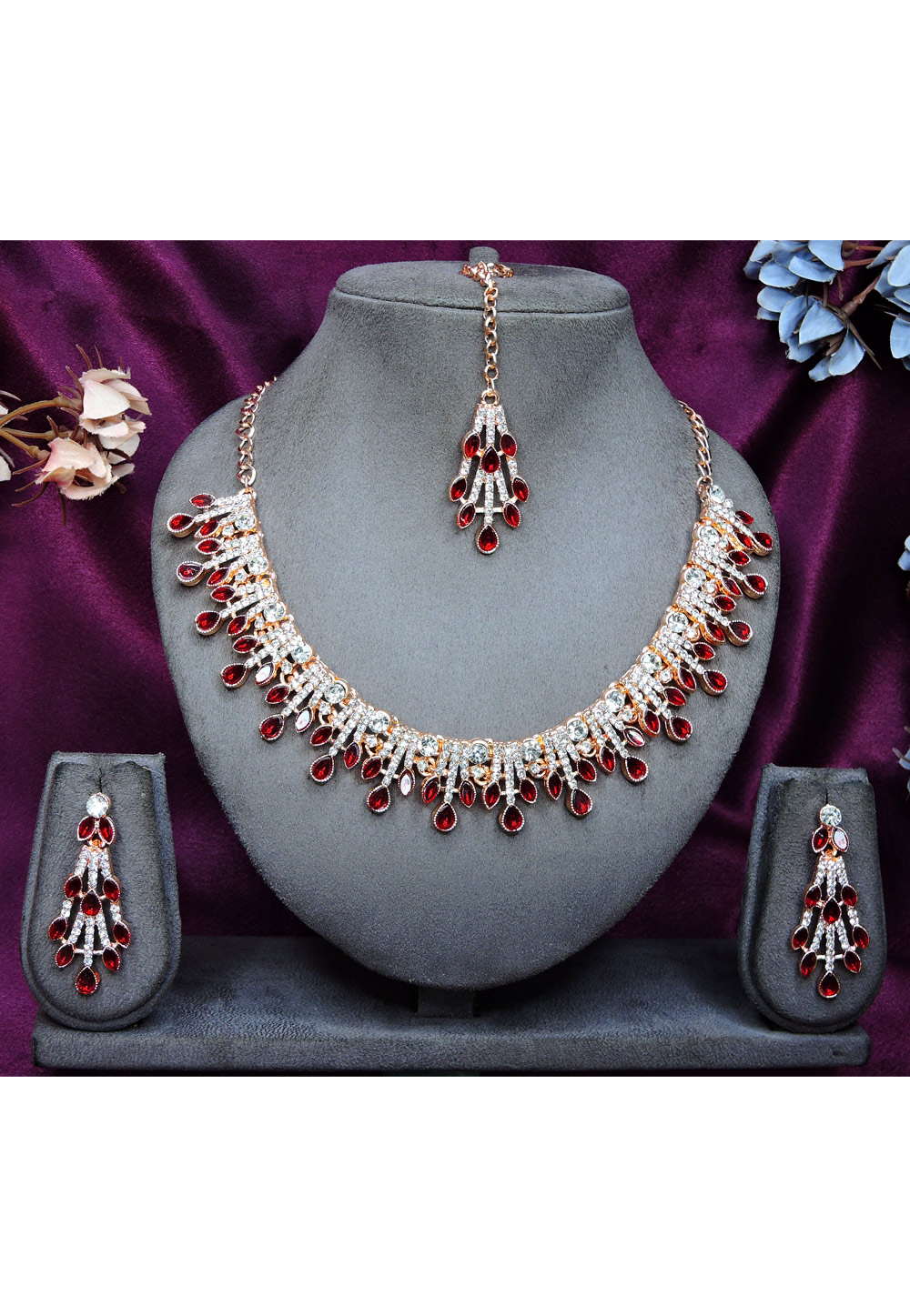 Maroon Alloy Necklace Set With Earrings and Maang Tikka 328433