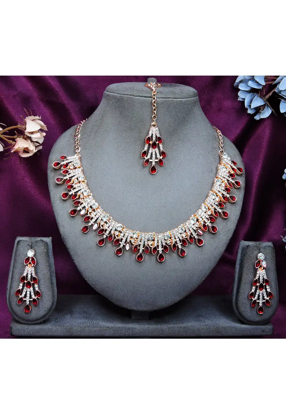 Maroon Alloy Necklace Set With Earrings and Maang Tikka 328433