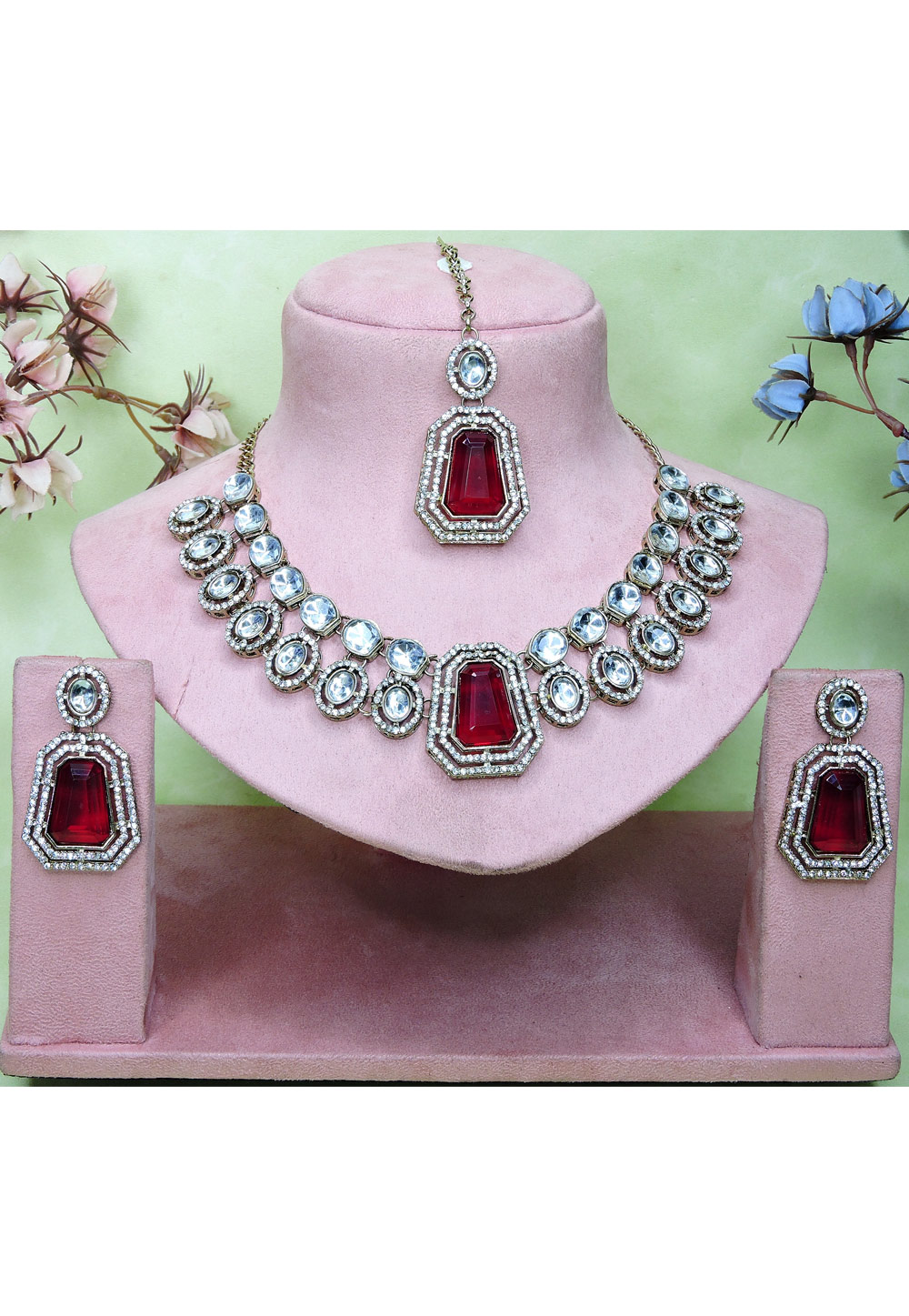 Maroon Alloy Necklace Set With Earrings and Maang Tikka 329839