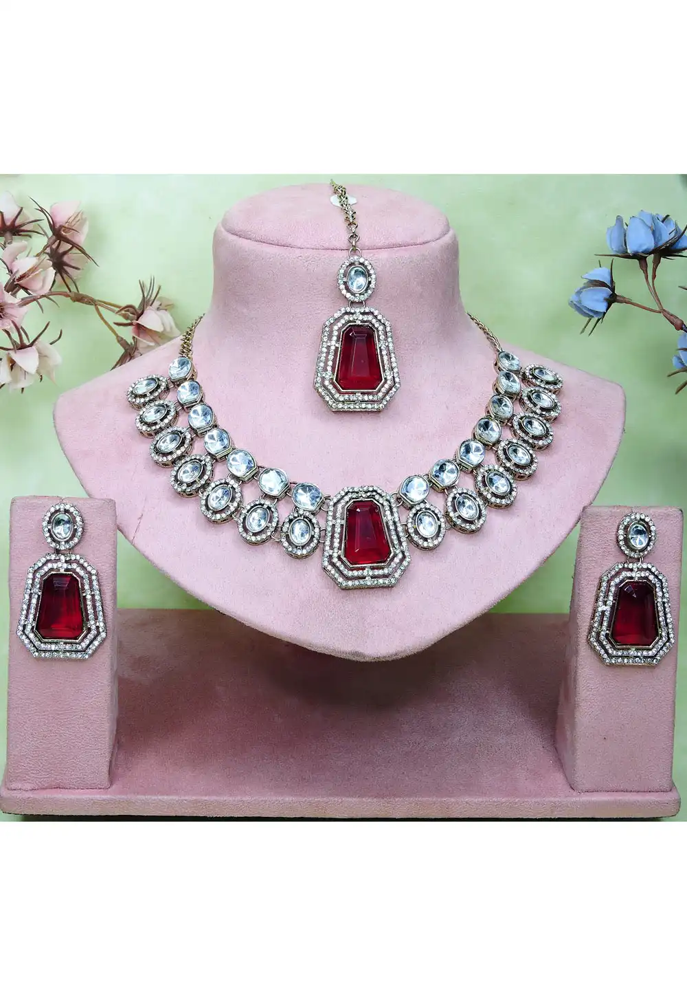 Maroon Alloy Necklace Set With Earrings and Maang Tikka 329839