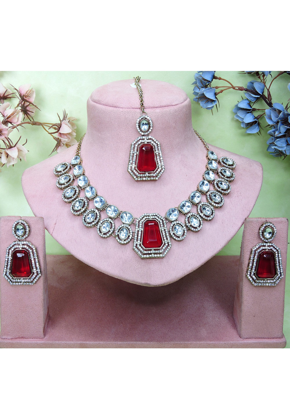 Maroon Alloy Necklace Set With Earrings and Maang Tikka 329843