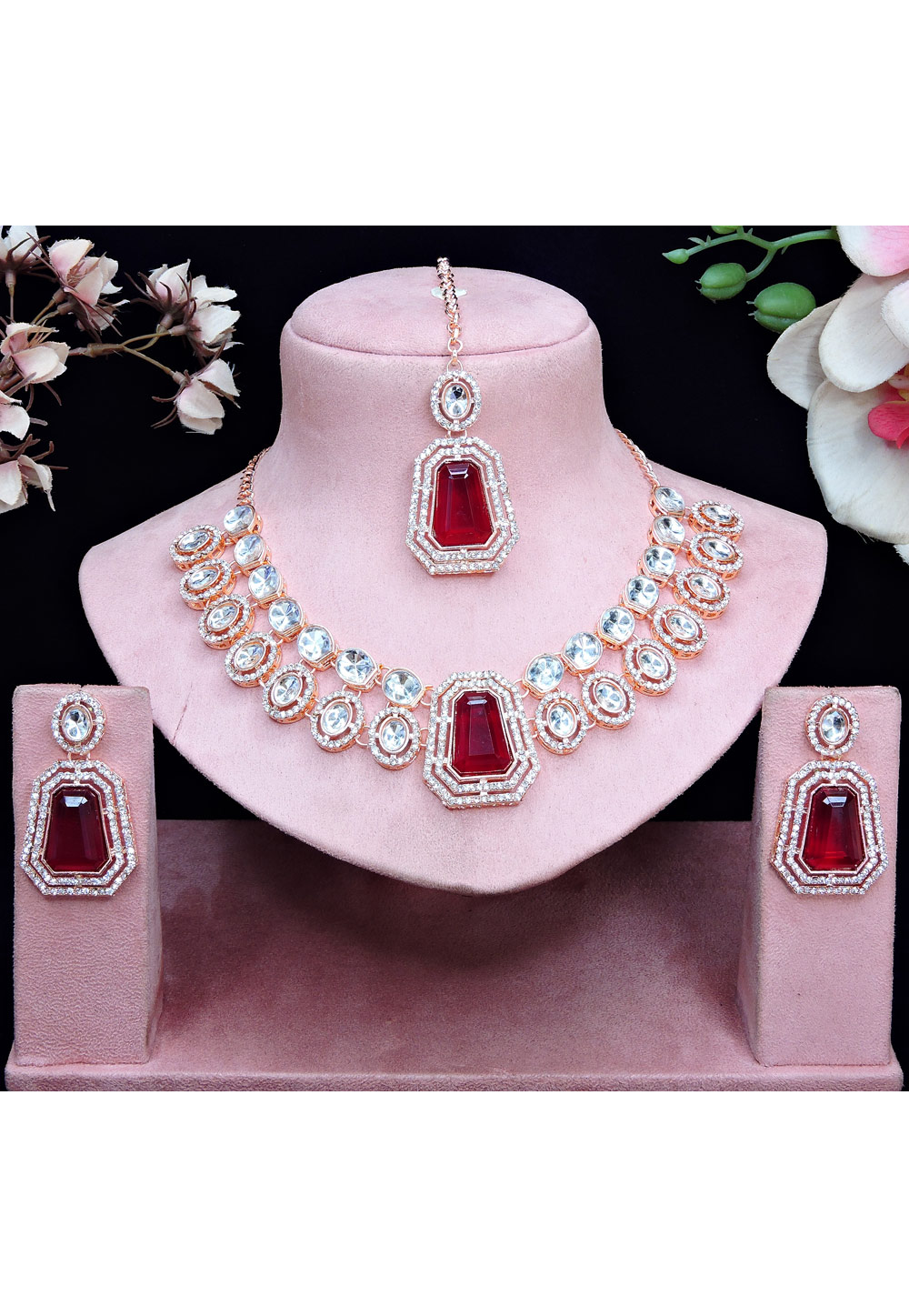 Maroon Alloy Necklace Set With Earrings and Maang Tikka 329847