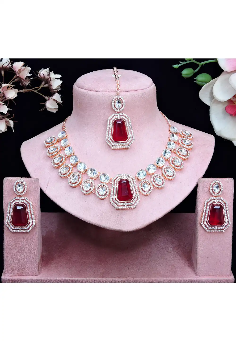 Maroon Alloy Necklace Set With Earrings and Maang Tikka 329847