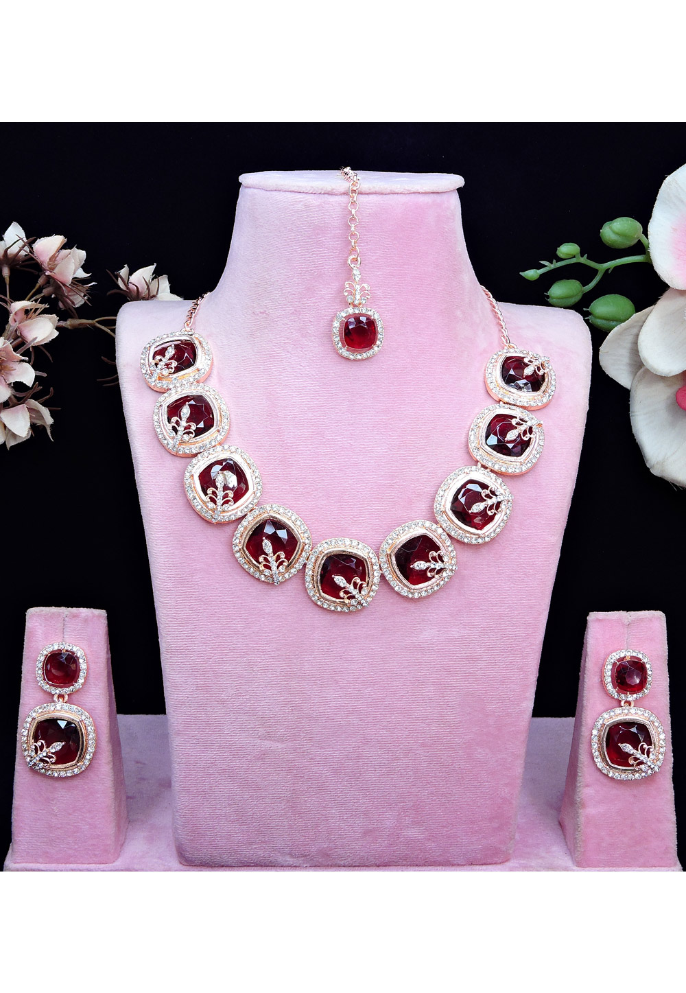 Maroon Alloy Necklace Set With Earrings and Maang Tikka 329865