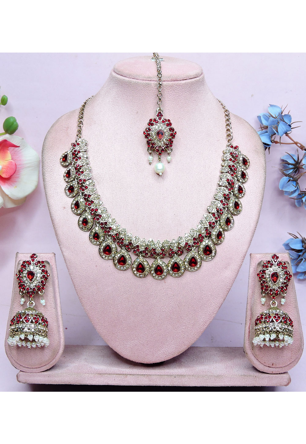 Maroon Alloy Necklace Set With Earrings and Maang Tikka 330226